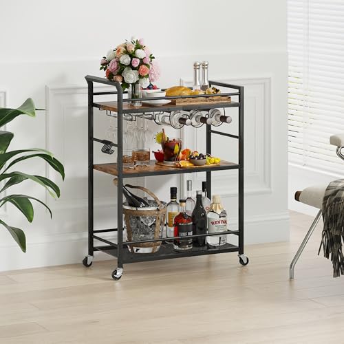 Image of 3 Tier Bar Cart, Small Beverage Cart, Mini Bar Cart with Wine Rack, Home Bar Serving Cart with Wheels for Kitchen Dining Living Room (Rustic Brown, General) GBC507R