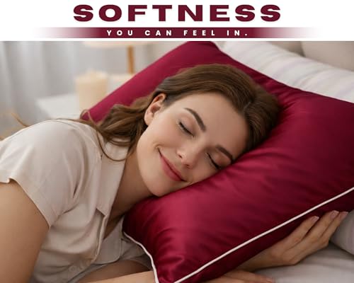 Image of BSB HOME Luxury Satin Silk Pillow Cover | 300 TC Ultra-Smooth Silky Finish | Premium Home Bedding Pillowcase | Soft, Glossy & Skin-Friendly Fabric | 18 x 28 Inches (Merlot)