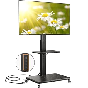 Perlegear Mobile TV Stand with Power Outlet, Tilt & Swivel Rolling TV Cart for 32 to 65 70 75 inch TVs up to 110 lbs, Height Adjustable Rolling TV Stand with Wheels, Max VESA 600x400mm, PGTVMC17