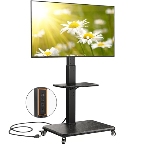Perlegear Mobile TV Stand with Power Outlet, Tilt & Swivel Rolling TV Cart for 32 to 65 70 75 inch TVs up to 110 lbs, Height Adjustable Rolling TV Stand with Wheels, Max VESA 600x400mm, PGTVMC17