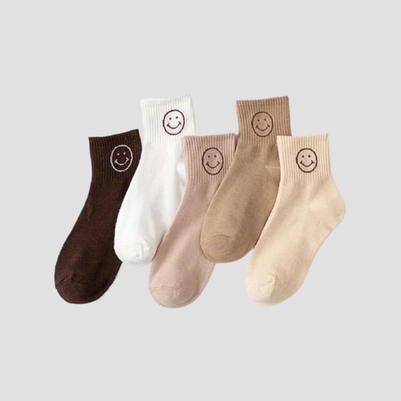 5Pair Unisex Mid - Calf Socks with Emoji Patterns for Outdoor & Daily Wear in Warm Colors - Comfortable, Stylish, Durable, ColorMixing