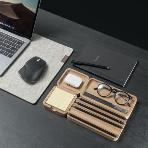 Image of Wooden Desk Organizer with Phone Stand, Multi-Compartment Stationery Holder, Natural Wood Finish (STYLE-4)