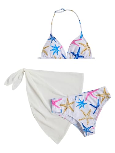 Image of SOLY HUX Girl's Summer Swimsuit Set Floral Halter Triangle Bikini Set with Wrap Skirts Beachwear