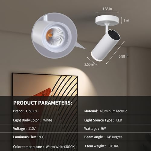 Image of 9W LED Dimmable Ceiling Spotlight Indoor - Adjustable Surface Mount Accent Fixture for Corridor, Living Room, Plants & Artwork | Warm White 3000K CRI 97 Directional Spot Light, White Finish