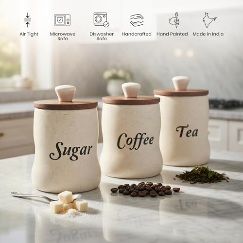 Image of Ceramic Tea Coffee Sugar Containers Set of 3 with Wooden Lids | Jar & Container for Kitchen Storage Set | Multi Utility Air Tight Kitchen Organizer Items (Hand-Painted, 330 ML)