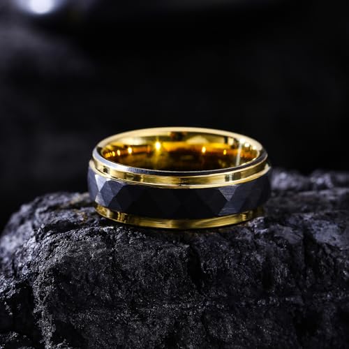 Black Tungsten Rings for Men - Rhombus Hammered Finish with Gold Edge, Comfort Fit, Hypoallergenic Wedding Bands3