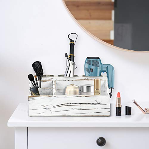 Rustic Wood Hair Dryer Holder, Hair Styling Care Tool Organizer, Bathroom Supplies Countertop Storage Stand and Vanity Caddy for Blow Dryer Flat Iron Curling Wand Hair Straightener Brushes (White)