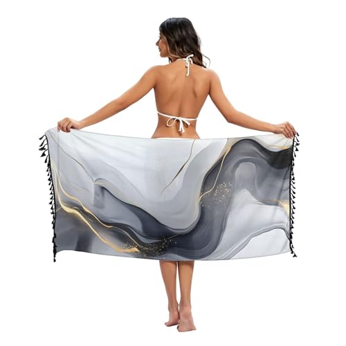 AIXIWAWA Women's Beach Sarong Wrap Skirt Black Golden Marble Print, Sun Protection Bikini Cover-Up for Vacation Pool Party L2
