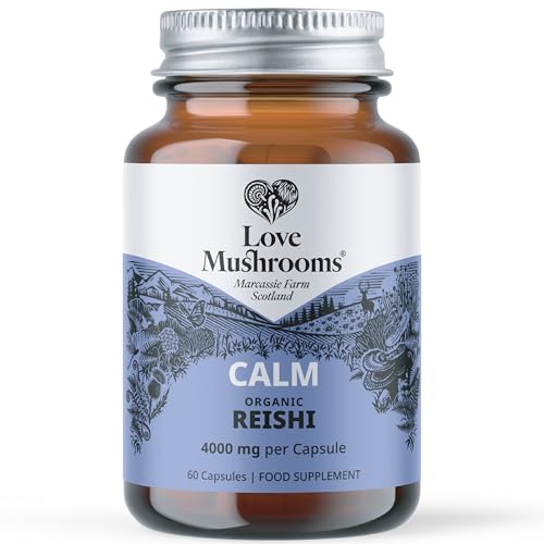Love Mushrooms Organic Reishi Mushroom Capsules 4,000mg per Serving | High Strength Mushroom Supplement for Calm, Restfulness & Balance | Vegan, Plant Based Food Supplement, UK Made | 60 Capsules