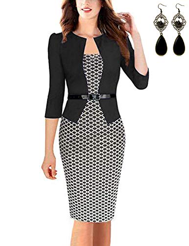 carinacoco Donna Vestiti Manica a 3/4 Elegante Stampato Floreale Abito con Cintura Giuntura Pannello Esterno dell'anca Pacchetto Abiti Vestito da Matrimonio Sera (S, Nero 4)