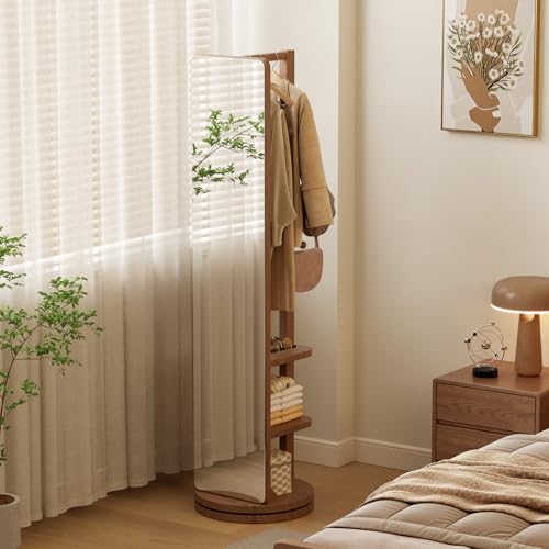 Image of WoodsWhisper Full Length Mirror Coat Rack Solid Wood Floor Mirror 66 inchx12 inch Full Length Mirror with Stand Long Mirrors for Bedroom,Living Room (Deep Walnut, 66 inch Lx12 W)