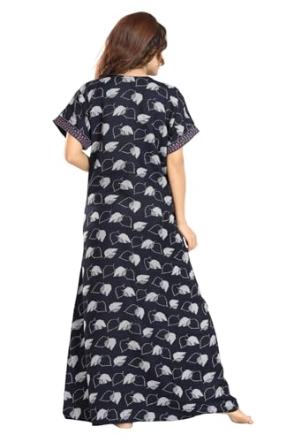 Image of Fabme Women's Cotton Printed Long Maxi Night Gown Nighty Dress with Pocket & Embroidery on Neck and Sleeves