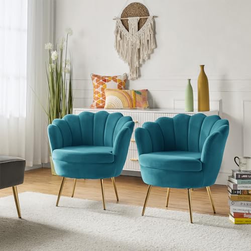 Image of HULALA HOME Modern Velvet Accent Chairs Set of 2 with Shell Shaped Back, Cute Living Room Bedroom Armchairs Sofa Chairs with Gold Legs, Comfy Upholstered Vanity Chairs for Makeup Room, Blue