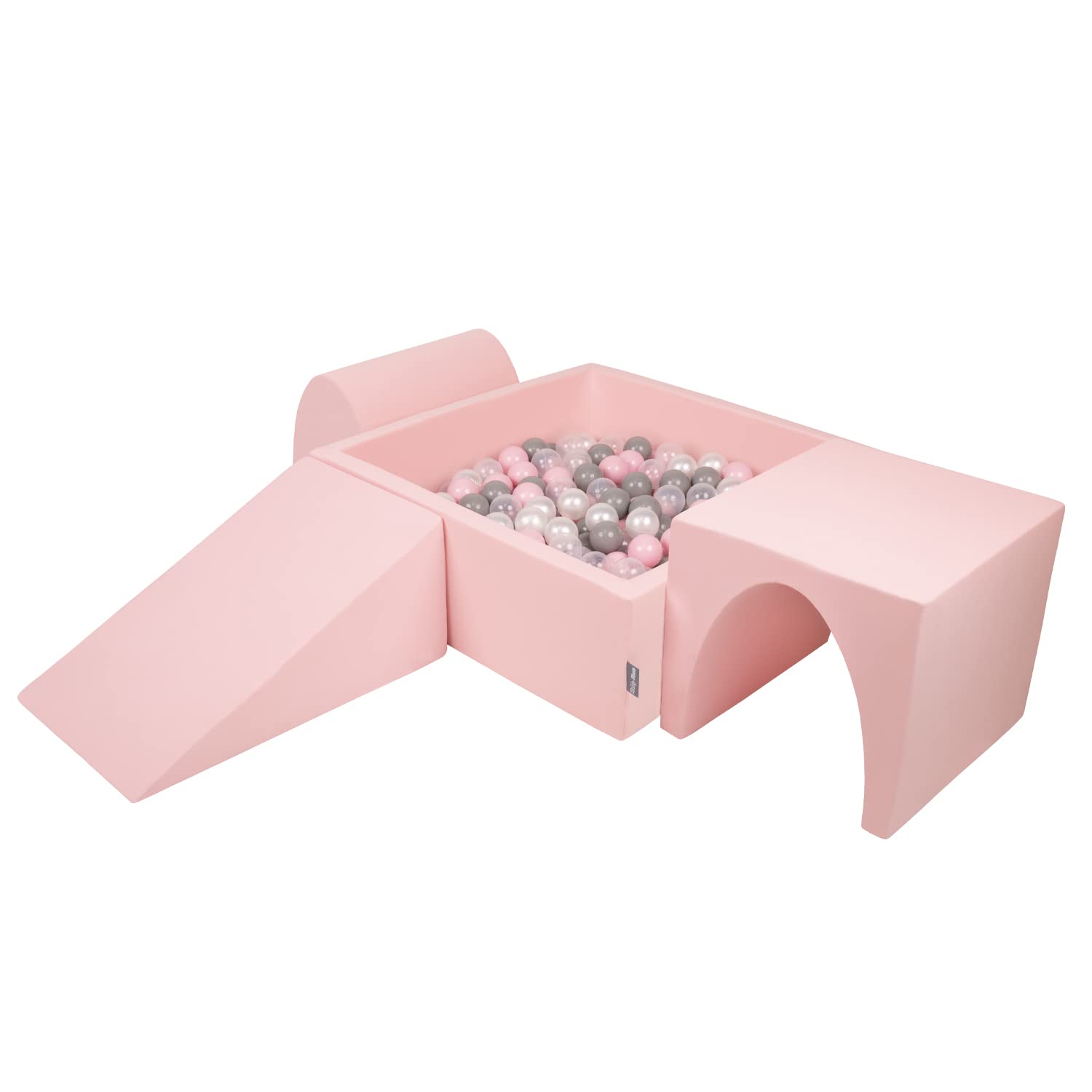 KiddyMoon Foam Playground For Kids With Square Ballpit (200 Balls ∅ 7Cm/2.75In) Soft Obstacles Course And Ball Pool, Made In The EU, Pink:Pearl/Grey/Transparent/Powder Pink
