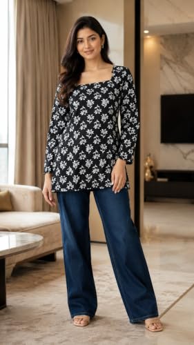 Image of Women's Floral Printed Cotton Kurti Summer Cotton Tunic Top for Girls
