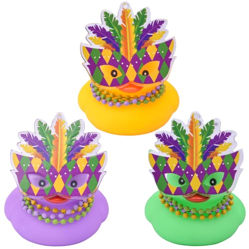 MuMyer Mardi Gras Car Ducks 3 Pack Mini Rubber Ducks Car Ornament with Mini Mardi Gras Mask Beads Necklace for Birthday Party Favors Carnival Gift