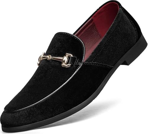 Mens Dress Loafers Shoes Velvet Suede Slip-on Men Comfortable Tuxedo Suede Shoes Business Casual Mocasines Classic Buckle Prom Party Wedding Formal Lightweight Driving Footwear Black 11