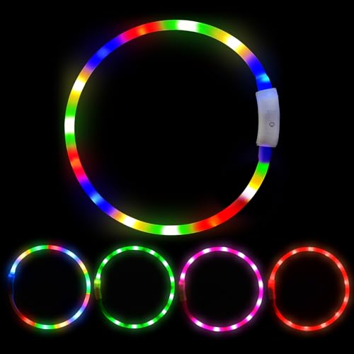 AUAUY LED Leuchthalsband Hund, USB Aufladbar Längenverstellbarer Haustier Sicherheit Silikon Kragen Zuschneidbares Wasserdicht Leuchthalsband für Hunde und Katzen, 4 Modus (Bunt)