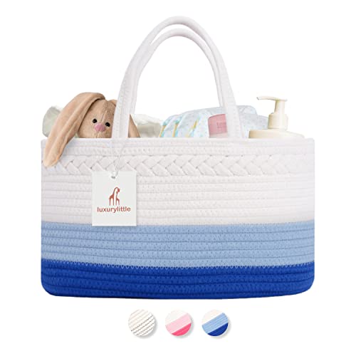 Image of Baby Diaper Caddy Organizer, Extra Large Cotton Rope Nursery Diaper Basket, Changing Table Organizer, Portable Tote Bag with Divider, Car Storage, Baby Shower Gifts for Newborn Boys - Blue