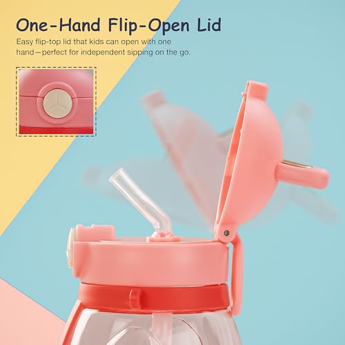 Image of Baybee Lovely Bunnies Kids Water Bottle 600ml | BPA Free & Leakproof Safe Sipper Bottle with Straw | Cute Rabbit Design Smooth Sipping with Handle & Neck Strap, Flip Lid for School Kids & Babys (Pink)