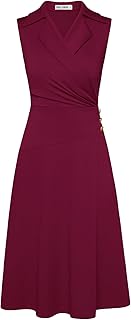 2025 Women's Notch Lapel Ruched Wrap V Neck Business Work Dress Sleeveless A Line Midi Dress