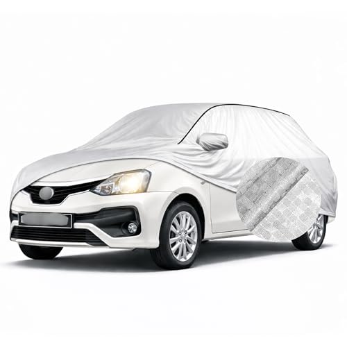Image of SEAZEN Waterproof Car Cover for Toyota Etios | Dustproof, UV & Scratch Resistant Soft Cotton Lining | Triple Stitched, Mirror Pockets & Elastic Hem | Metallic Silver with Black Piping