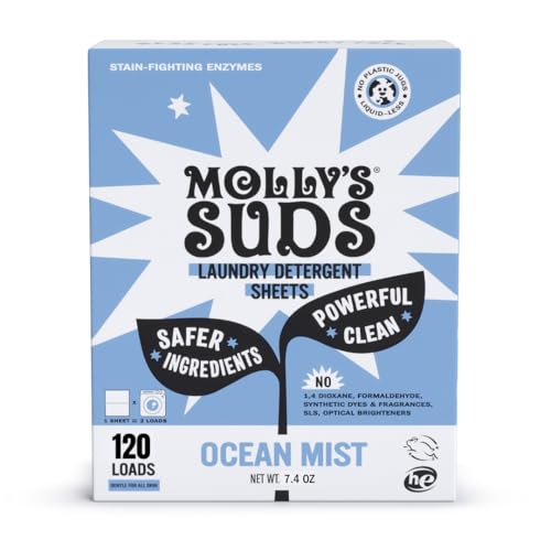 Image of Molly’s Suds Laundry Detergent Sheets | Gentle on Sensitive Skin, Powerful Bio-Based Enzymes, Stain-Fighting | Liquidless & Plastic-Free Packaging | 120 Loads (Ocean Mist)