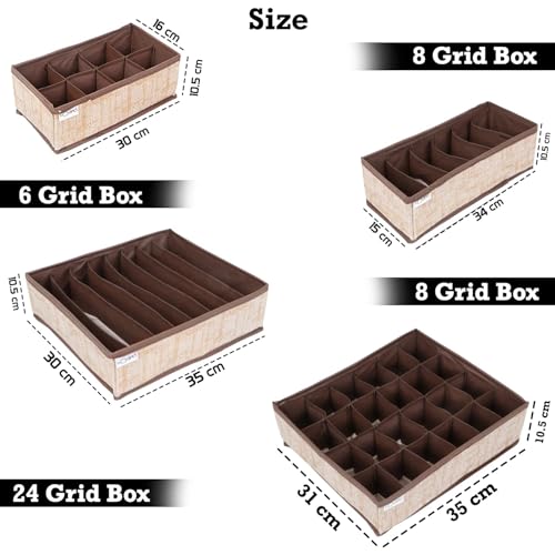 Image of HOKIPO Fabric Undergarment Clothing Organizer Storage Box for Drawers Bra Panty Socks Tie Lingerie Organizer for Wardrobe, 4 Pcs-6+8+8+24 Grids (NEW-332 + 334 + 335 + 336), Brown