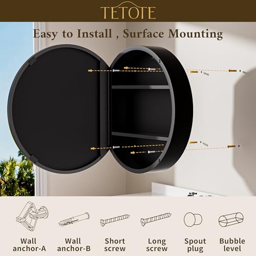 Image of TETOTE Bathroom Mirror Cabinet 30 x 30 Black Round Bathroom Medicine Cabinet with Mirror Adjustable Shelves Farmhouse Wall Mirror with Storage Surface Mounted