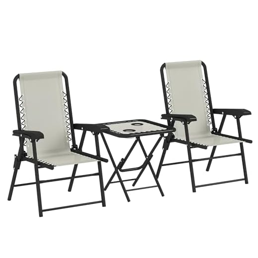 Outsunny Conjunto de Mesa y Sillas de Terraza Exterior de 3 Piezas Muebles de Jardín Exterior Plegables con Estructura de Acero y Portavasos para Patio Crema