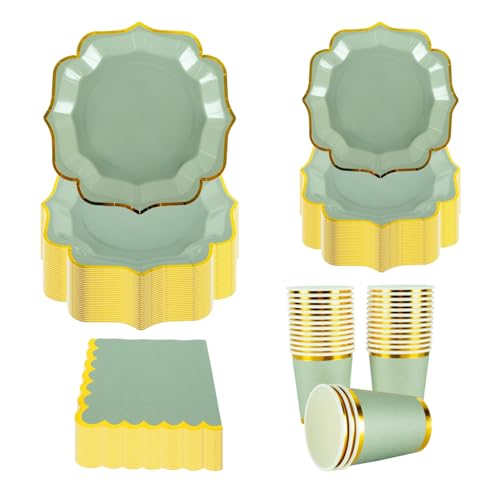 PHUNAT Service de table de fête vintage pour 30 invités – Assiettes, serviettes et tasses en papier feuille d'or – Vaisselle en papier de style...