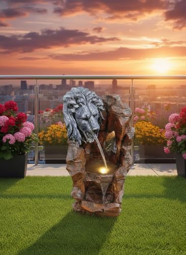 Image of 3.5 Feet Lion Face Water Fountain Stone Colour with Dark Brown Finish | Indoor Tabletop Fountain with LED Light