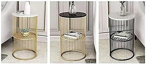 Image of Modern Round Metal Side Table with Storage Shelf Gold Finish Accent End Table | Black Top Sofa Side Table for Living Room, Bedroom, Balcony, Office. Decorative Coffee Table, Nightstand, Corner Table