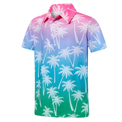 Cuddomper Boys Hawaiian Polo Golf Shirt Blue Pink Gradient Palm 9-10 Years - image 1