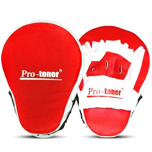 Image of Pro-Toner Boxing Focus Pads, Curved Maya Hide Leather, Hook and Jab Target Hand Pads, Black and White (Red)