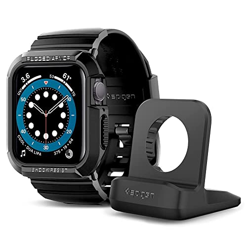 Spigen Rugged Armor Pro Case with Band and S350 Stand Designed for Apple Watch Series 7 (45mm) and Series 6/SE/5/4 (44mm) - Black