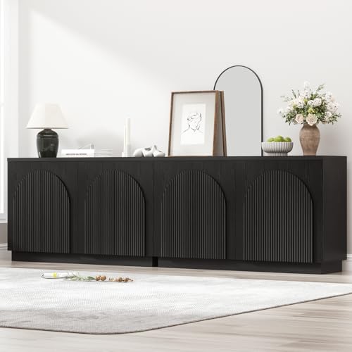 Image of Black Fluted Sideboard Buffet Cabinet Set of 2 with Arched Reeded Doors, 110 Inch Extra Long Mid Century Modern Credenza Accent Storage Cabinet with Adjustable Shelves for Living Room Dining Room