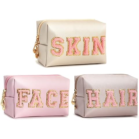 Vorey 3PCS Preppy Makeup Bag for Women Travel Toiletry Bag Chenille Letter Cosmetic Bag PU Leather Waterproof Pouch Cute Zipper Organizer, Skin, Hair and Face Cover