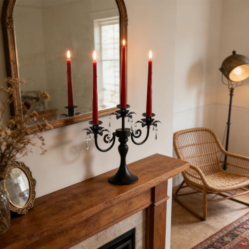 Image of Metal 3 Arm Candelabra with Crystal Pendants - 11.8 Inch Tall Candle Holders, Set of 6 - Elegant Taper Candlestick Stand for Wedding, Dining Table, Christmas Party Home Decoration (Black)