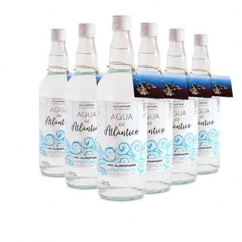 Pack 6x Agua de Mar Algamar 1 L, hipertónica y microfiltrada en frío, agua marina del Atlántico para uso alimentario, 6 botellas de cristal para cocinar y recetas
