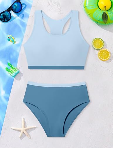 Image of DONWEN Girls Swimsuits V Neck Bikini Set Textured High Waist Girl Two Piece Bathing Suit
