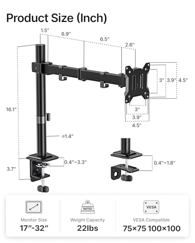 Image of monTEK Extra-Long Single Monitor Mount for 17-32 inches Screen, Fully Adjustable Articulating Desk Monitor Stand up to 22lbs Capacity, Computer Mount with C Clamp and Grommet Base, Max VESA 100x100mm