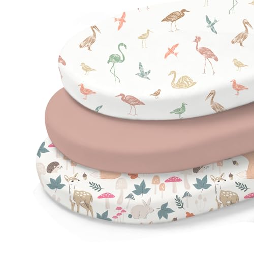 Image of Little Grape Land Bassinet Sheets 3 Pack, 33 inch x 18 inch Fitted Bassinet Sheets Up to 4 inch Deep Pocket, Ultra Soft Baby Bassinet Fitted Sheets for Bassinet Mattress, Forest Friends