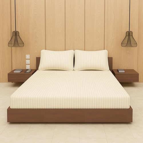 Image of BEVI - Home Premium Self Striped Single Bedsheet with 1 Pillow Cover 300 TC Ultra-Soft 300 TC Microfiber Bed Sheet| Size (60 inch x 90 inch) Ivory
