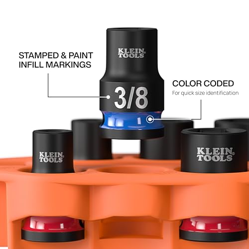 Image of Klein Tools 33808 Grab-And-Go Impact Socket Set, SAE, 7-Piece Set with Sleeve, Carabiner, and 3 /8-Inch Drive, Color-Coded 1 /4, 5 /16, 3 /8, 7 /16, 1 /2, and 9 /16-Inch Sockets