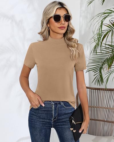 Ficerd 3 Pack Women's Mock Neck Shirts, Short Sleeve Turtleneck Tops Casual Comfy T Shirts Stretch Fitting Trendy Tee Blouse3