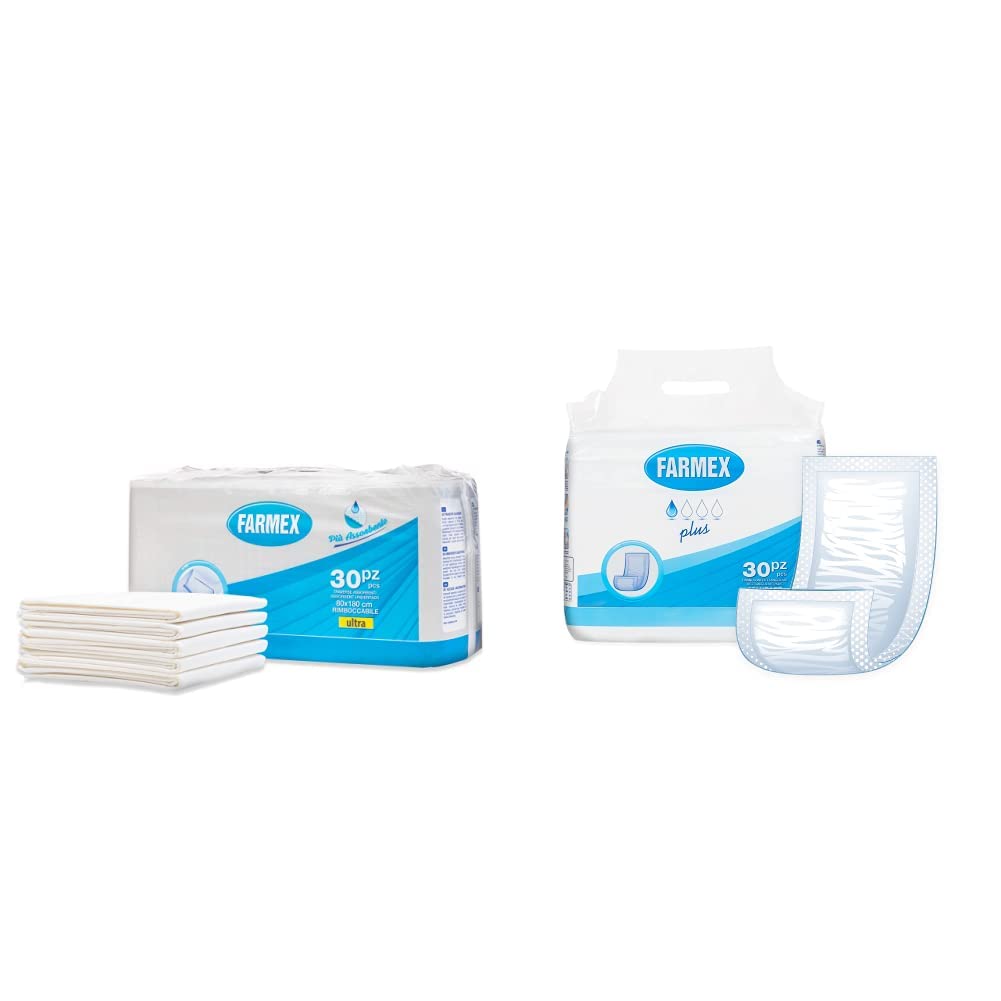 Farmex - Traverse Assorbenti Rimboccabili Per Letto, Ultra Assorbenza, 30 Pezzi & Pannolone Rettangolare Per Adulti Plus con Barriera, Pannoloni Rettangolari Confezione da 30