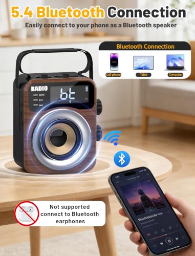 Image of Portable AM /FM /WB /SW Radio, 4000mAh Rechargeable & 3xD Cell Battery Powered | Bluetooth Digital Radios 10W Speaker,TF /USB Playback,LCD Display Weather Alert For Home Outdoor Emergency Brown