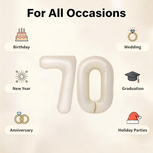 Image of Number Balloons for Birthday Decorations - 40 Inch Large Party Balloons 70, Cream Foil Number Balloons for Boys Girls, Balloons for Party Supplies