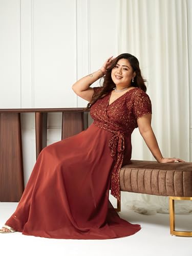 Image of Miss Chase A+ Women's Floral Printed Relaxed Fit V -Neck 3 /4Th Sleeve Georgette Maxi Dress